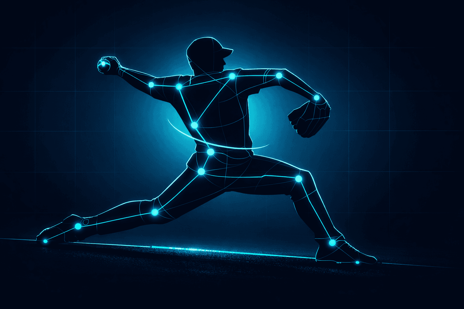 AI pitching mechanics analysis with joint tracking overlay